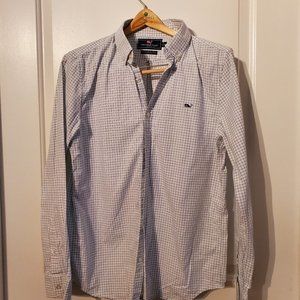 Vineyard Vines White and Blue Gingham Whale Shirt
